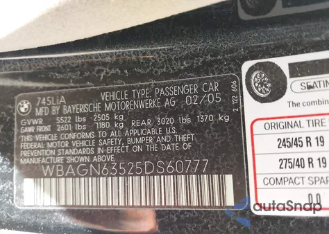 2005 BMW 745 Li z USA, uszkodzony, nr VIN WBAGN63525DS60777